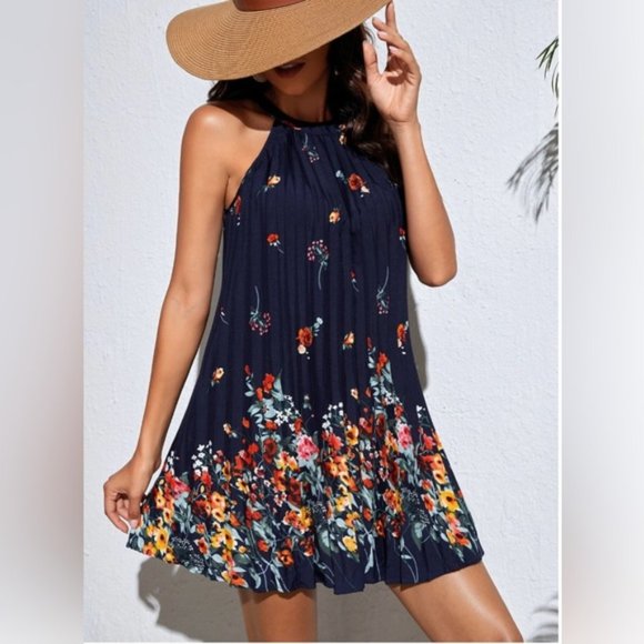 Blue Boho Floral Print Pleated Detail Halter Dress - Picture 1 of 6